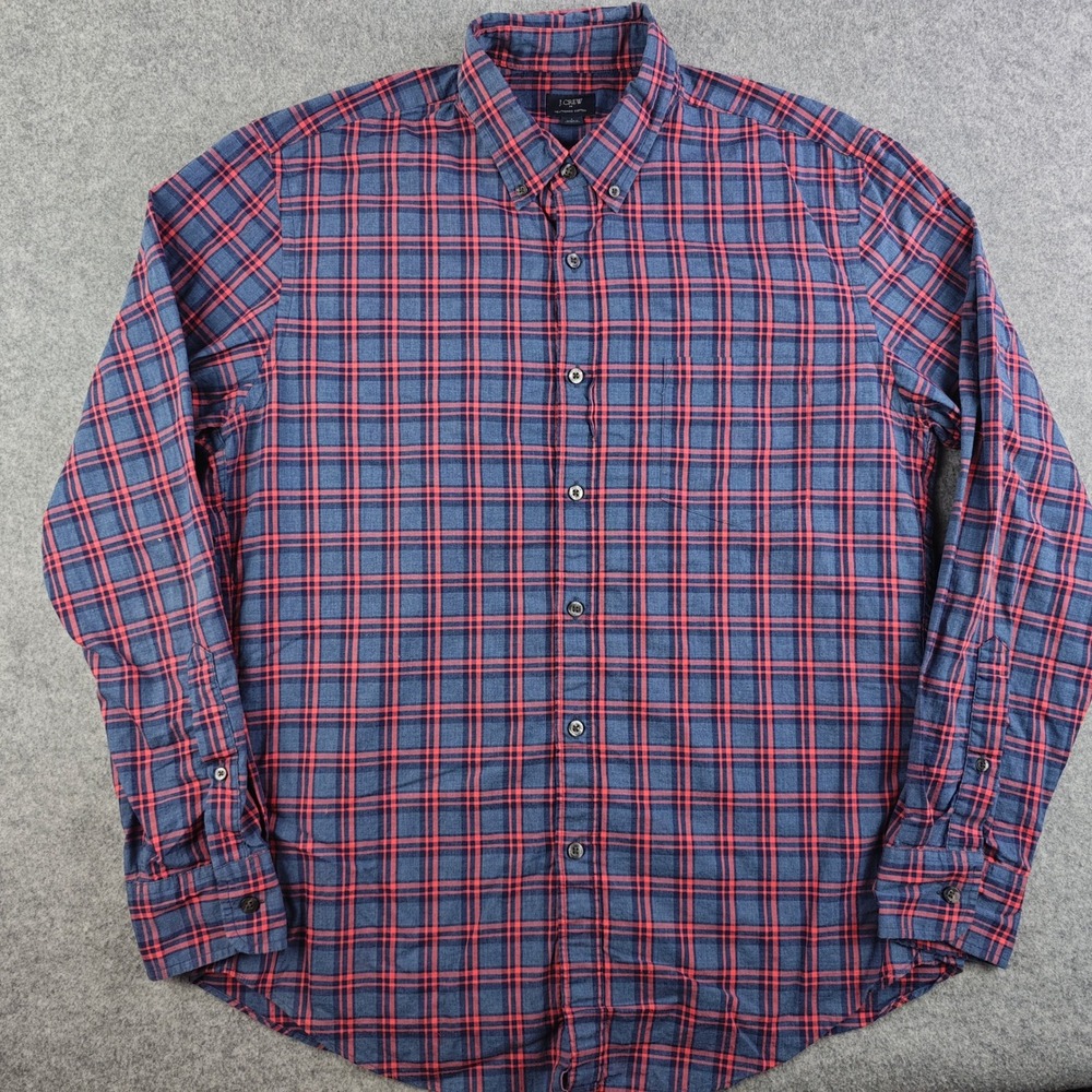 J.Crew Heathered Cotton Plaid Button Down Shirt Mens Large Blue Red Long Sleeve